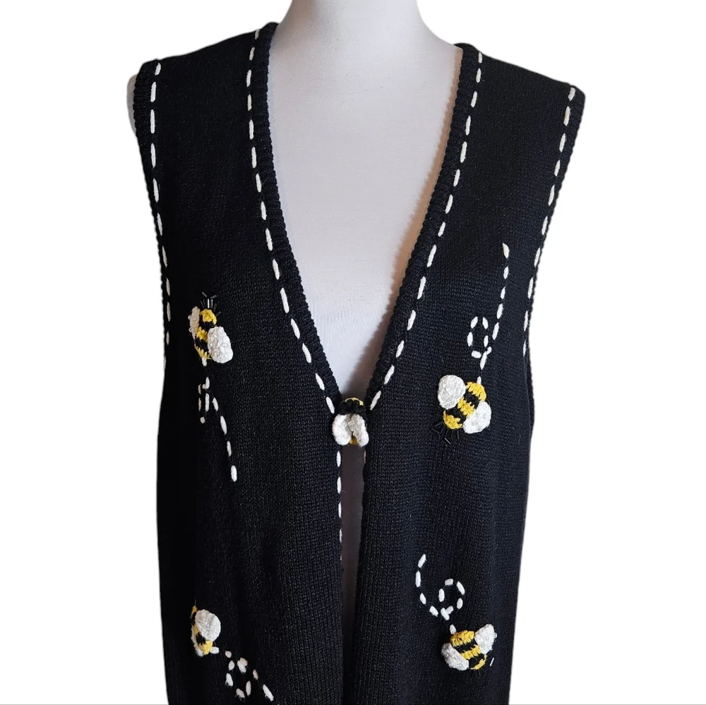 Vintage 90s Bumblebee Daisy Knit Vest Sz XL ? 3D Beaded Boho Grannycore Cottage - Picture 2 of 16